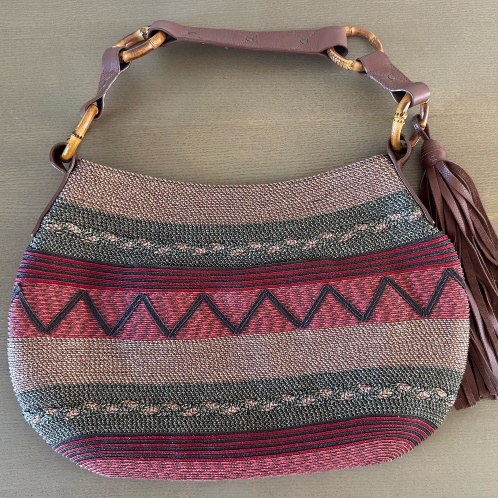 Eric Javits Multicolor Woven Boho Leather Tassel Hobo Bag w/Zipper Closure
